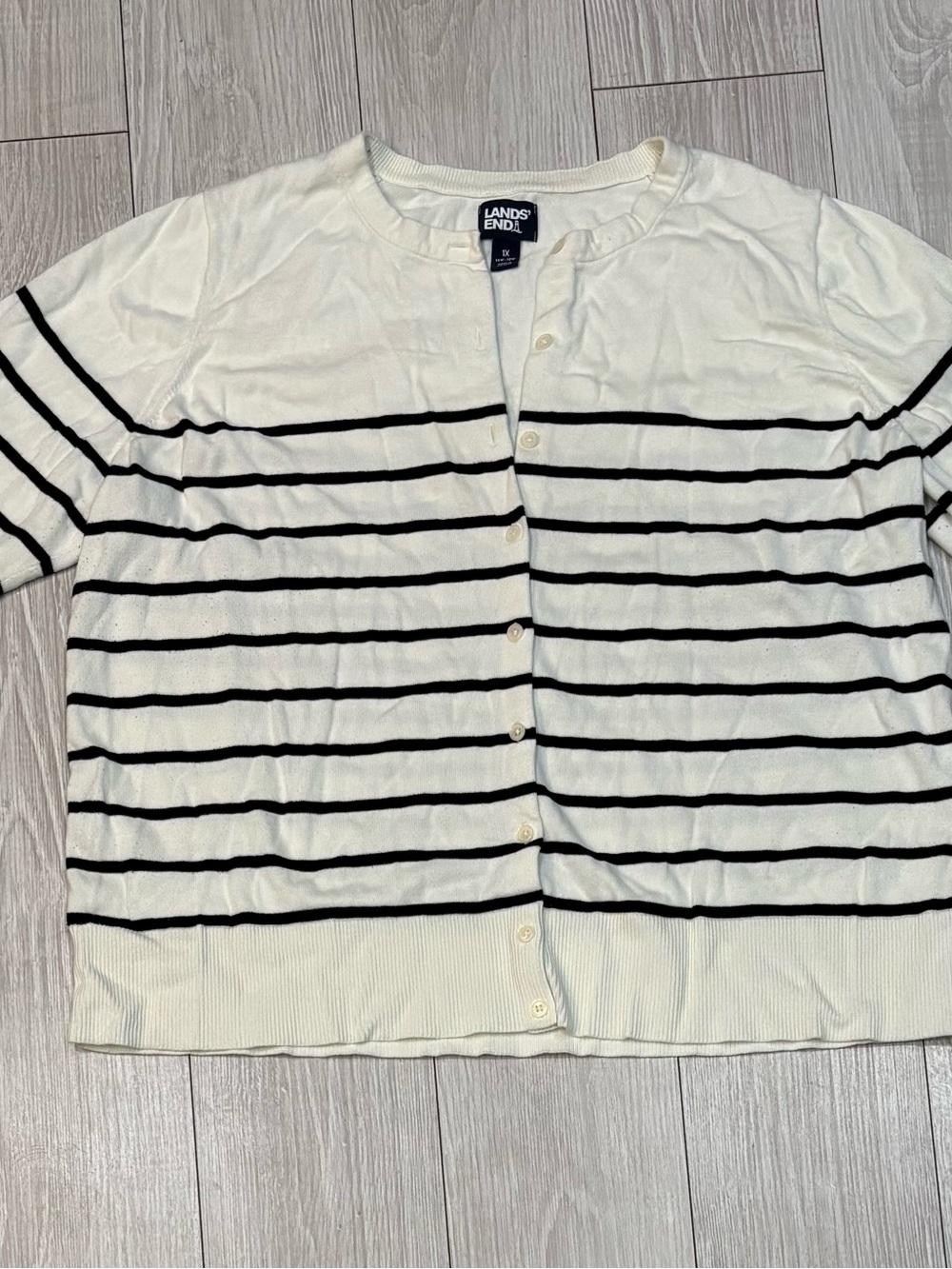 Lands' End Cream and Black Striped Button up Cardigan 1X